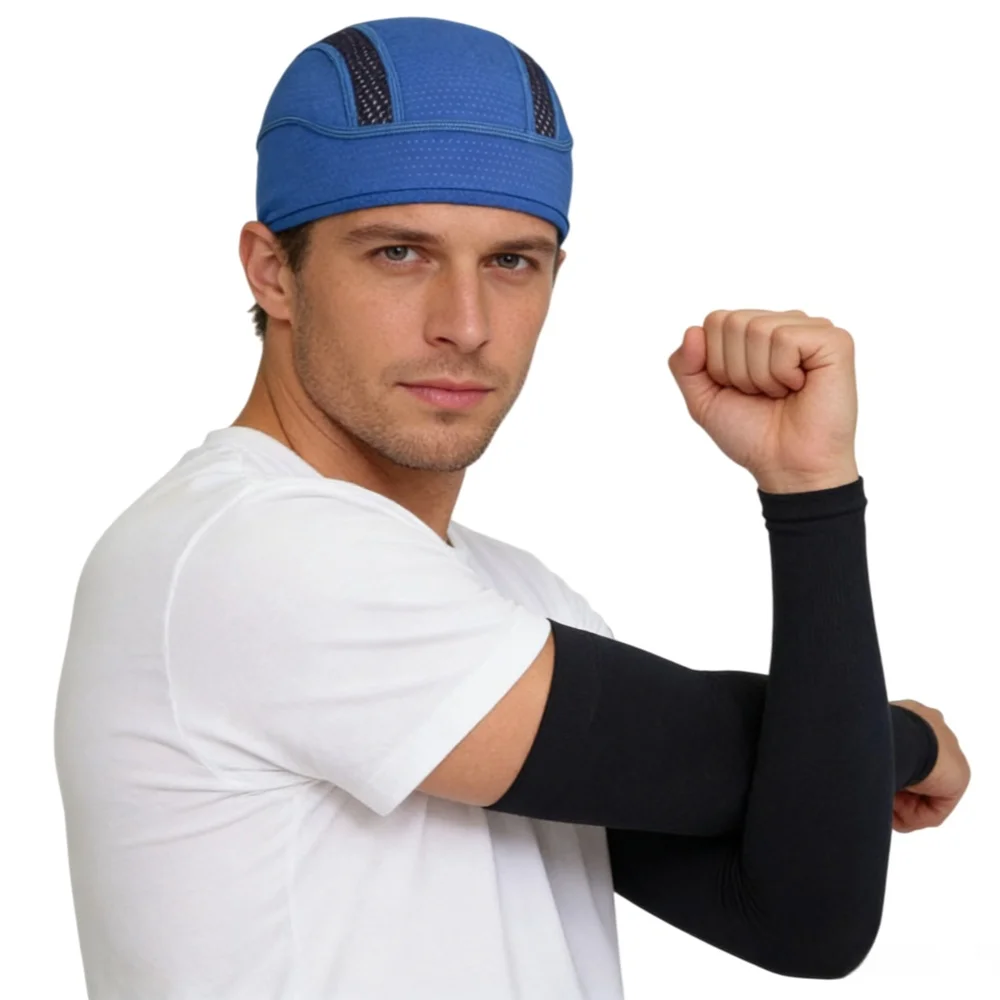 Quick Drying Beanies Cap and Arm Sleeve Motorcycle Bike Breathable Mesh Helmet Liner Hat Running Headwear Outdoor Cycling Hat