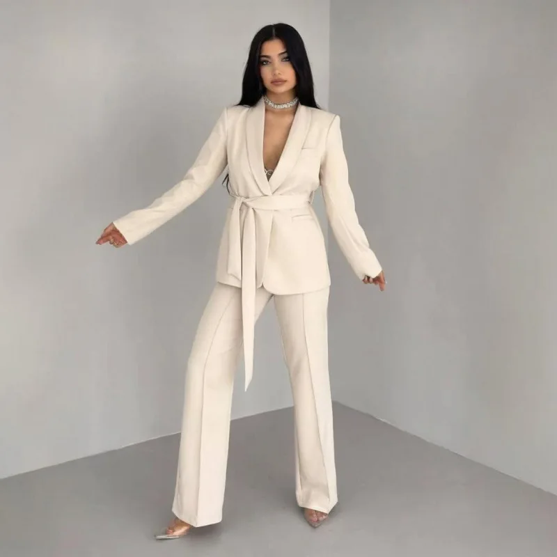 Roupas femininas europeias e americanas 2025 outono nova moda transfronteiriça jaqueta de renda calças soltas conjunto profissional