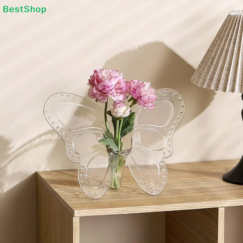〔G〕Ins Style Butterfly Shaped Clear Vase Plastic Frame Vase Water Plant Flower Vase Decoration Home Living Room Desktop Ornament