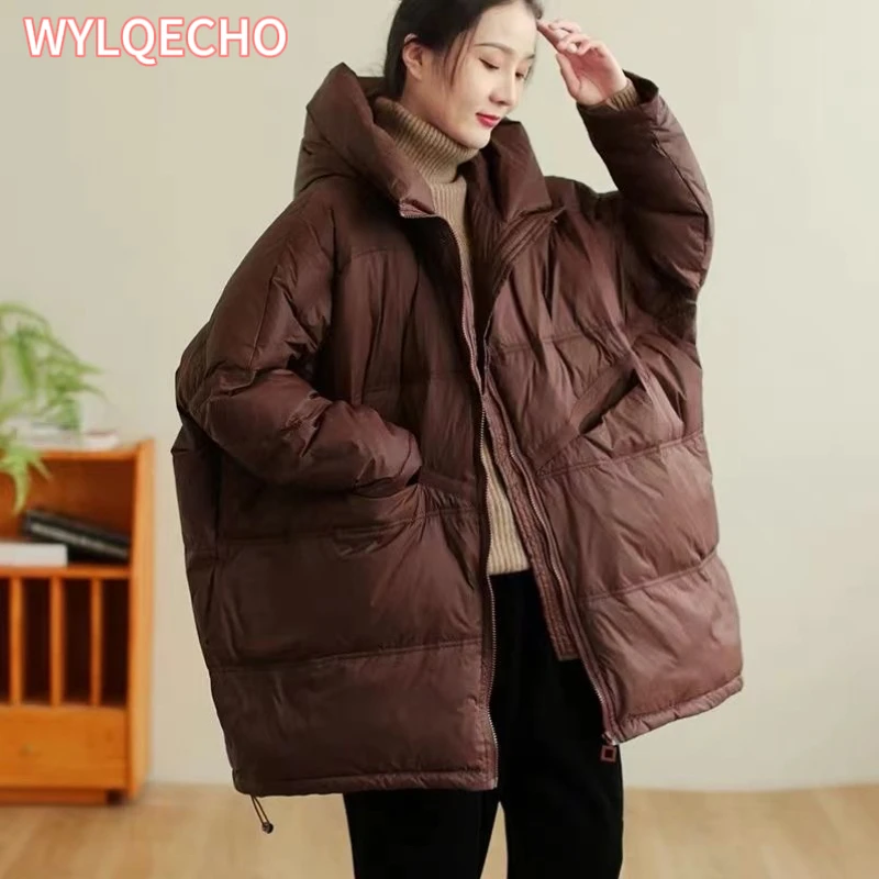 2023 New Winter Women 90% White Duck Down Jacket Casual Loose Over Size Warm Parka Female Drawstring Hooded Puffer Coat