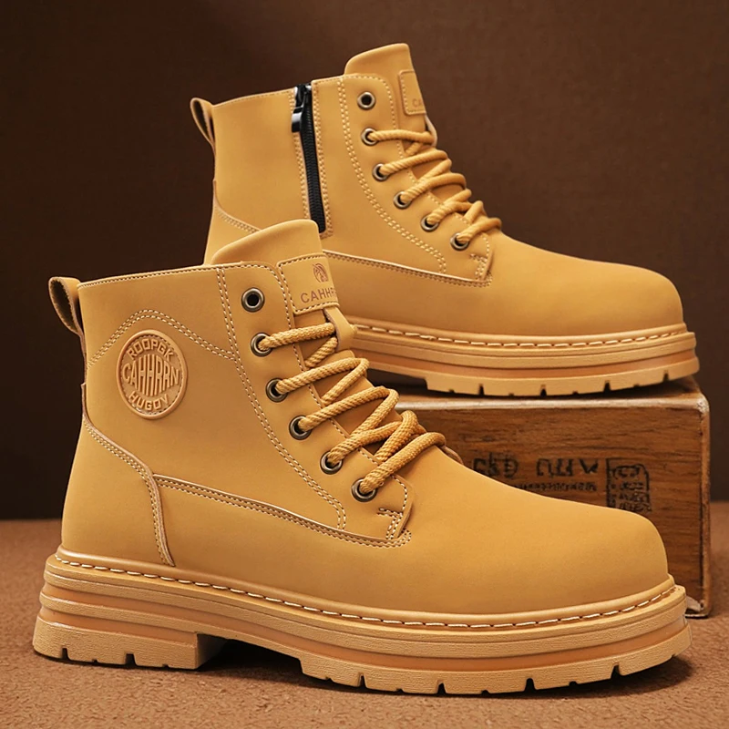Men's fashionable boots with velvet high top, big yellow boots, small yellow boots, workwear boots, big toe shoes, men's shoes,