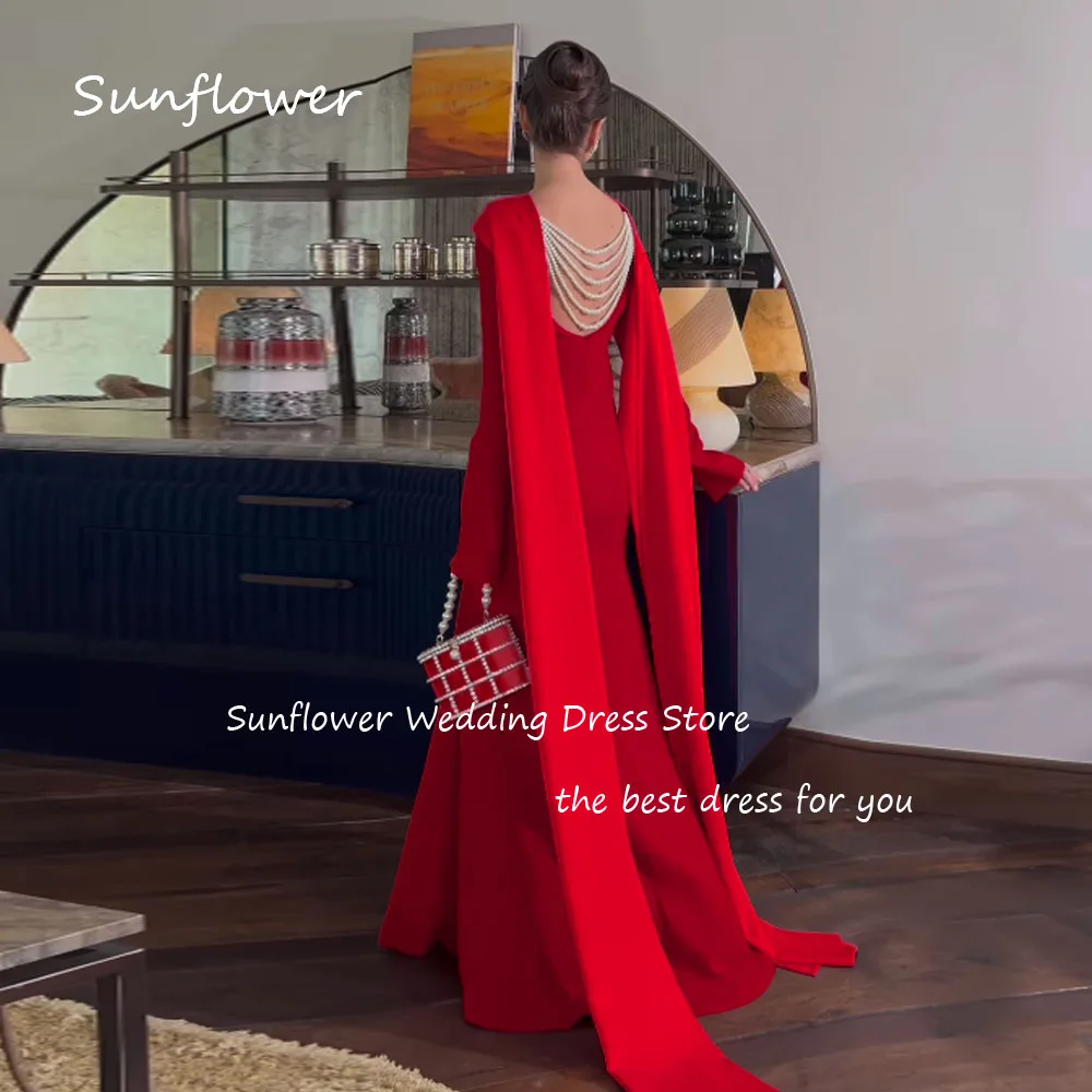 Sunflower Red O-Neck Crepe Mermaid Prom dress 2024 Slim Pearls Backless Satin Shawl Floor-Length Formal Evening Dress