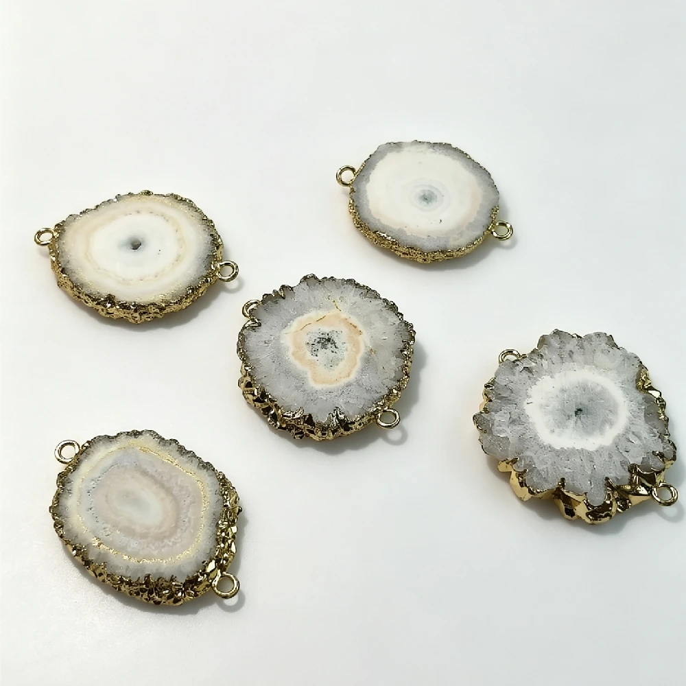 1PC Solar Agate Slice Mineral Connector Double Loops Natural Crystal Link for Handmade Bracelet Craft Golden Plated P2D1092