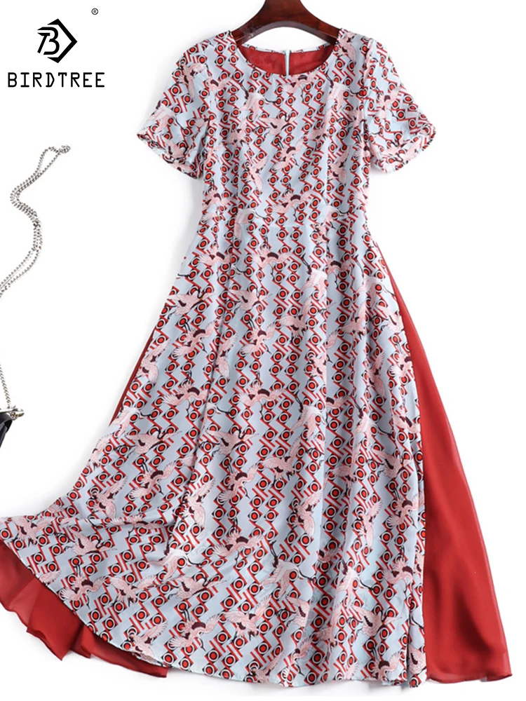 

Birdtree 100%Silk Elegant Dress Round Neck Short Sleeves Gentle Print High-Waisted Temperament Dresses Spring Summer D3D638QD