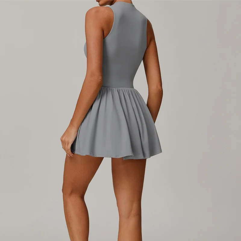 Solid Zipper Sleeveless Women Yoga Set Bodysuit Gym Jumpsuits Skirt Yoga Overalls Push-up Workout Tracksuit Tennis Skirt Clothes
