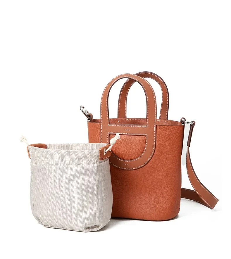 2024 New Women Togo Head Layer Cowhide Pig Nose Vegetable Basket Bucket Bag Hand Bill Shoulder Crossbody Leather Bag