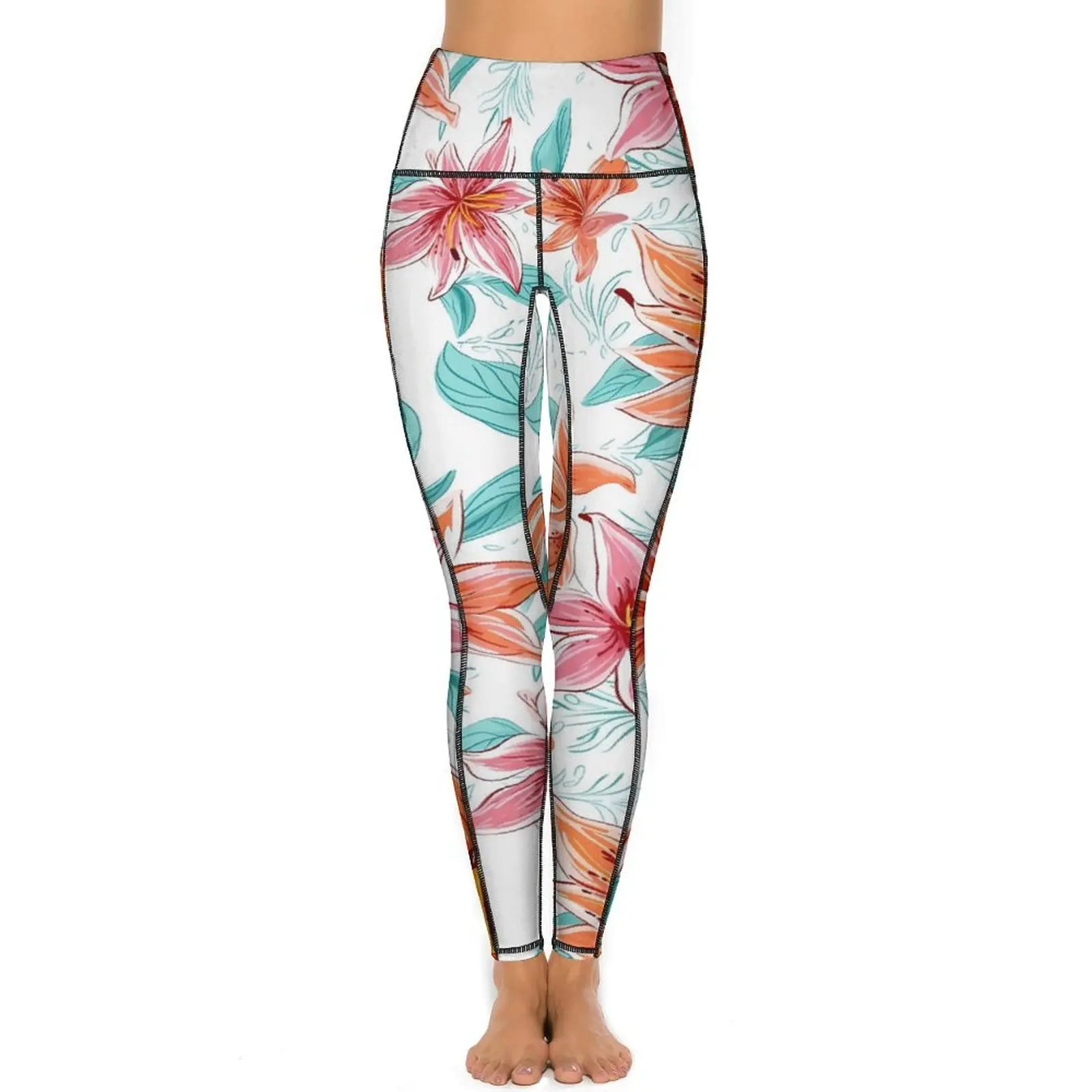 Lily Floral Yoga Pants Pink Flowers Print Gym Leggings High Waist Stretch Sport Pants Vintage Graphic Yoga Legging Birthday Gift