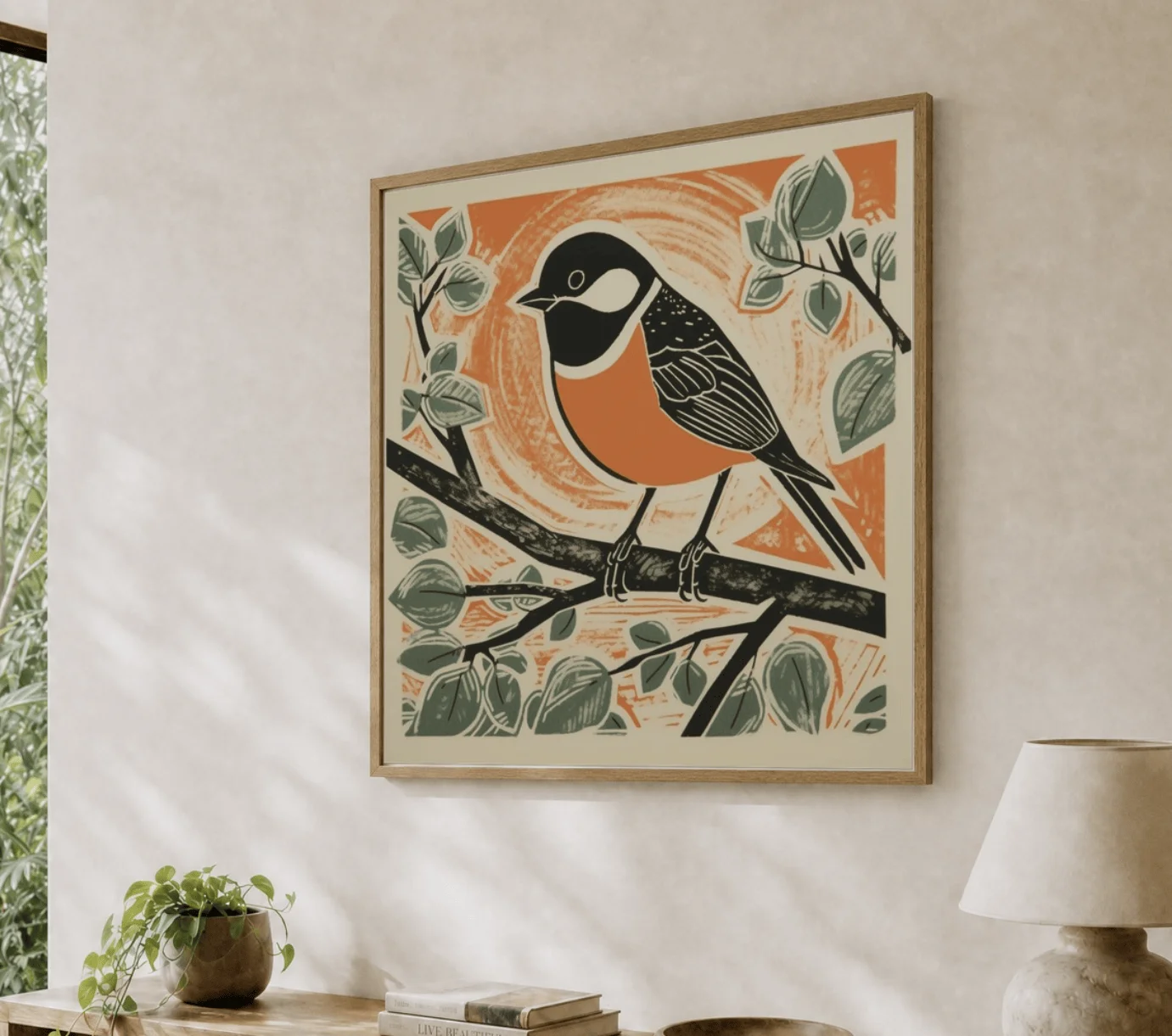 Rustic Robin Wall Art Canvas Prints, Linocut Bird Branch Posters, Vintage Decor for Living Room Bedroom Gallery Wall Decor