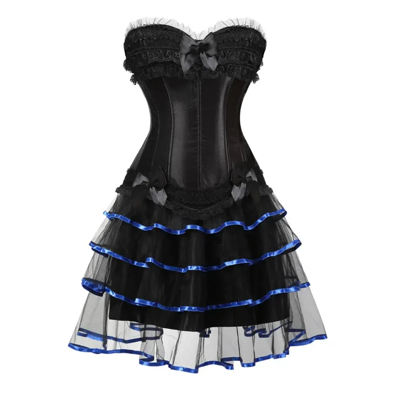 

Corset Bustiers Top Dress Plus Size Zipper Tutu Skirt Set Lace up Corselet Overbust Lingerie Gothic Victorian Costume Sexy Black