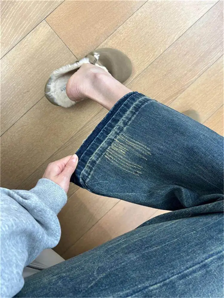

Retro Faded Bell Bottom Jeans Women's Early Spring American High Waist Loose Slimming Casual Bell Pants Blue Casual Style