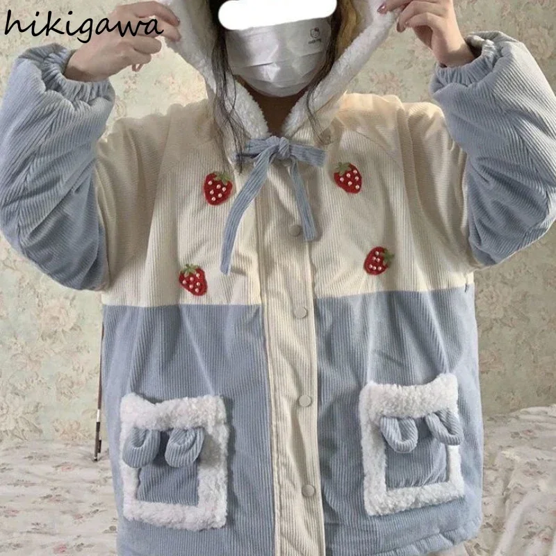 Kawaii Jackets Women Rabbit Ear Hooded Oversized Outwear Winter Clothes Embroidery Strawberry Corduroy Fashion Y2k Coat Tops