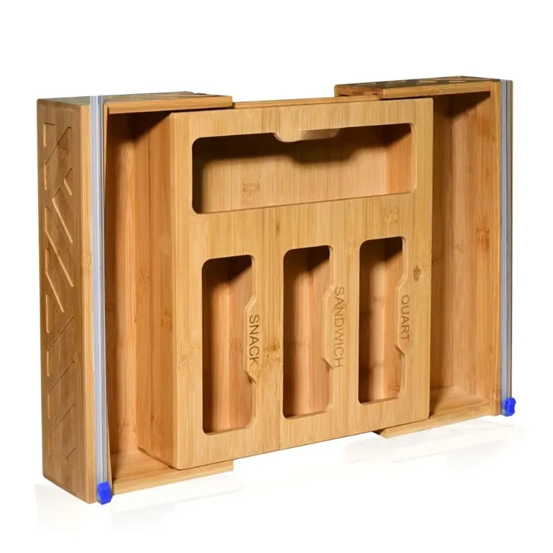 

6 in 1 Bamboo Plastic Food Storage Bag Organizer with Aluminum Foil for Kitchen Drawer