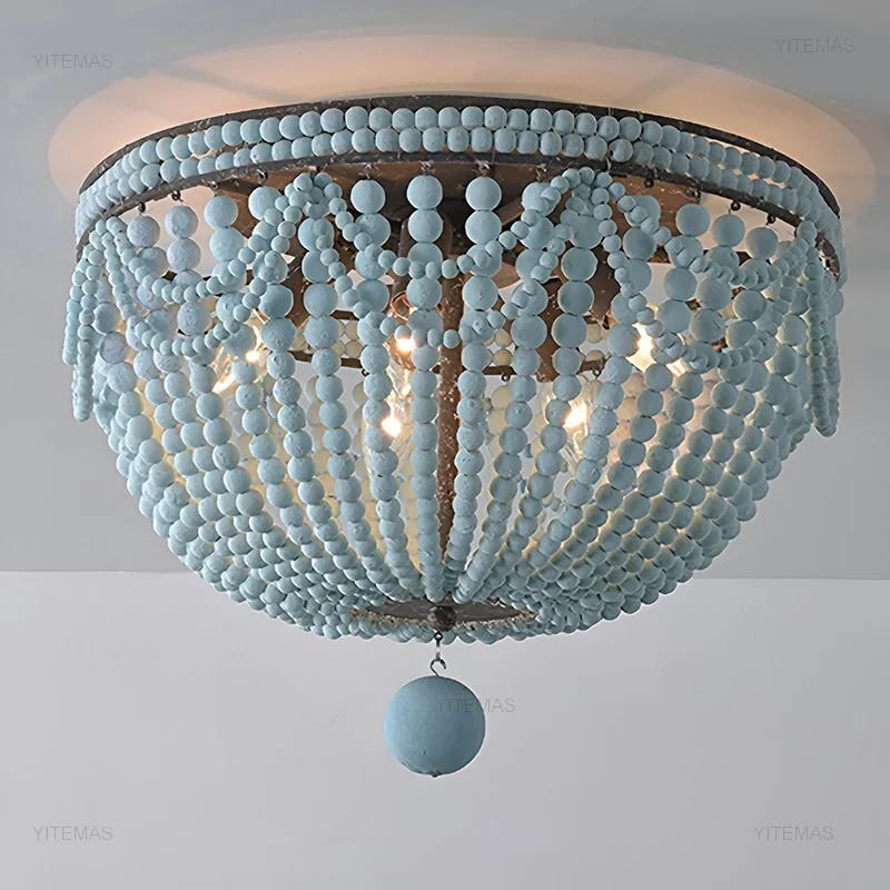 

Blue Wooden Beads Ceiling Chandelier Light Bedroom Vintage White Beads Ceiling Lamp Entryway Hallway Dining Room Foyer Kitchen