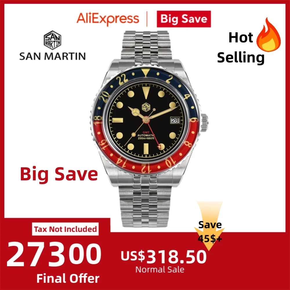 

San Martin 40mm NH34 GMT Diver's Watch For Men Sapphire Bezel 5-Link Bracelet On The Fly Adjust Clasp 20Bar Saat Erkek SN0005B