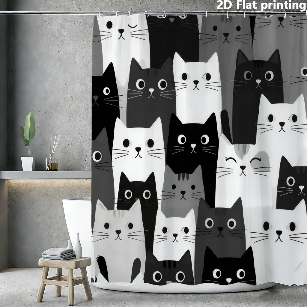 2D Flat, 2D Flat, 1pc 2D Flat Printing Shower Curtain | Polyester, With Various Black, White, And Gray Cat Faces, Suitable For M