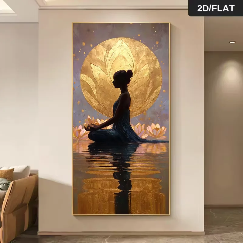 1 pièce (sans cadre), 2D plat, 27,56*55,12 pouces/70cm*140cm, toile d'art murale moderne abstraite avec impression de femme méditant sur une fleur de lotus