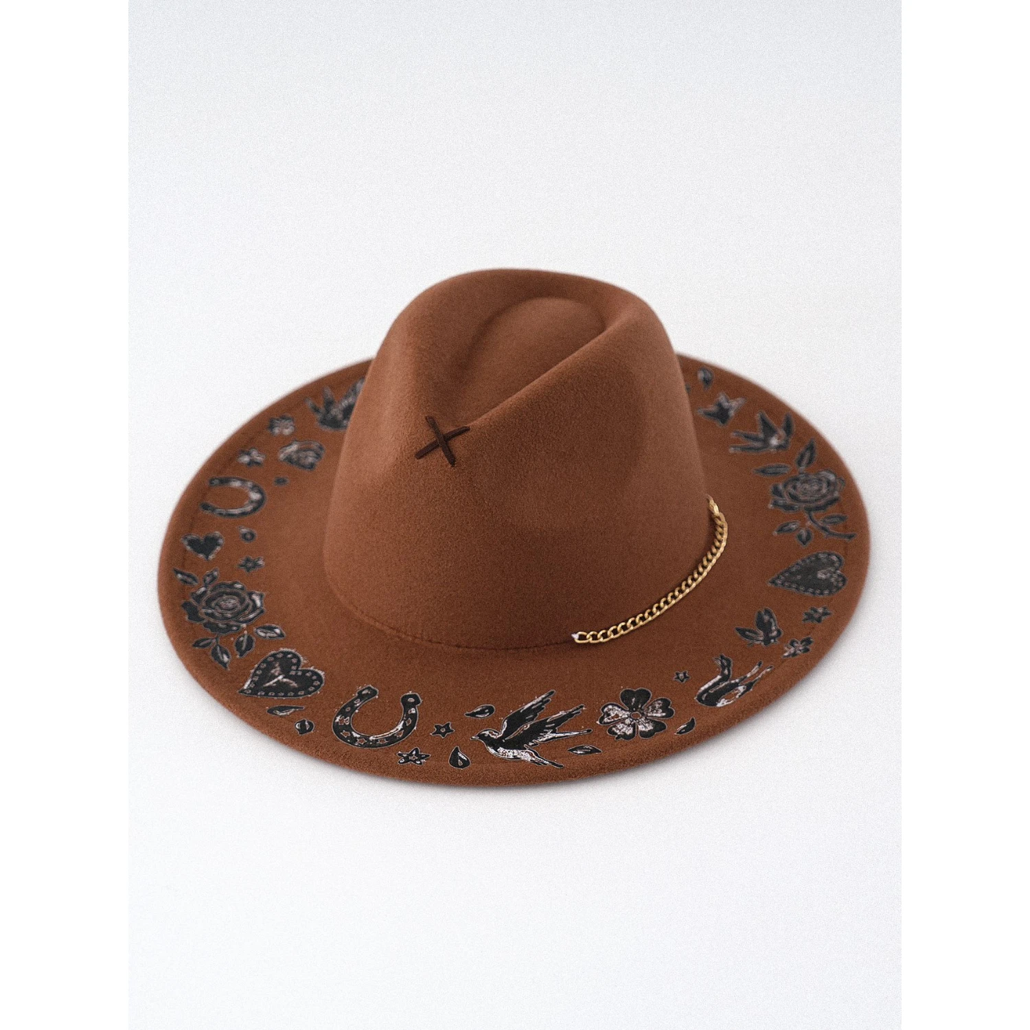 Vintage Camel Fedora Hat for Women Faux Felt Polyester Wide Brim Jazz Caps with Tattoo Graffiti Print Rose Bird Heart Gold Chain - view 5