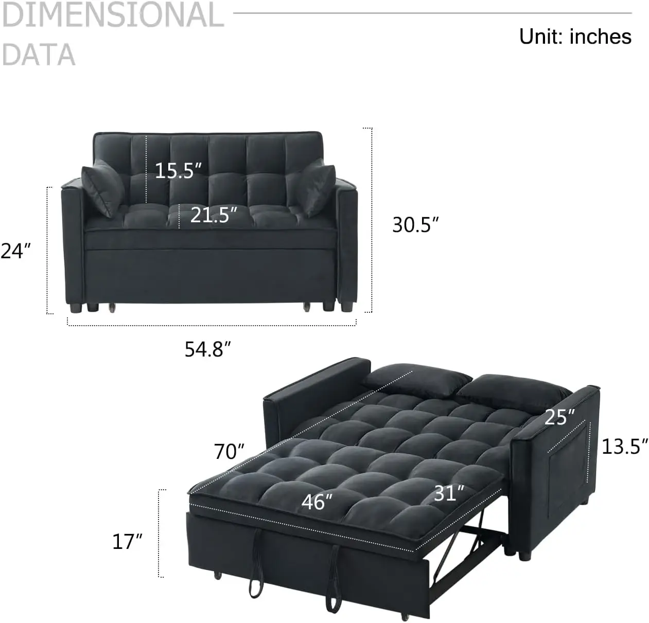 Sofa Bed, 3-in-1 Velvet Pull Out Couch with Armrests, Storage Pockets and 2 Pillows, Adjustable Backrest, Sofa Bed Couch for Liv