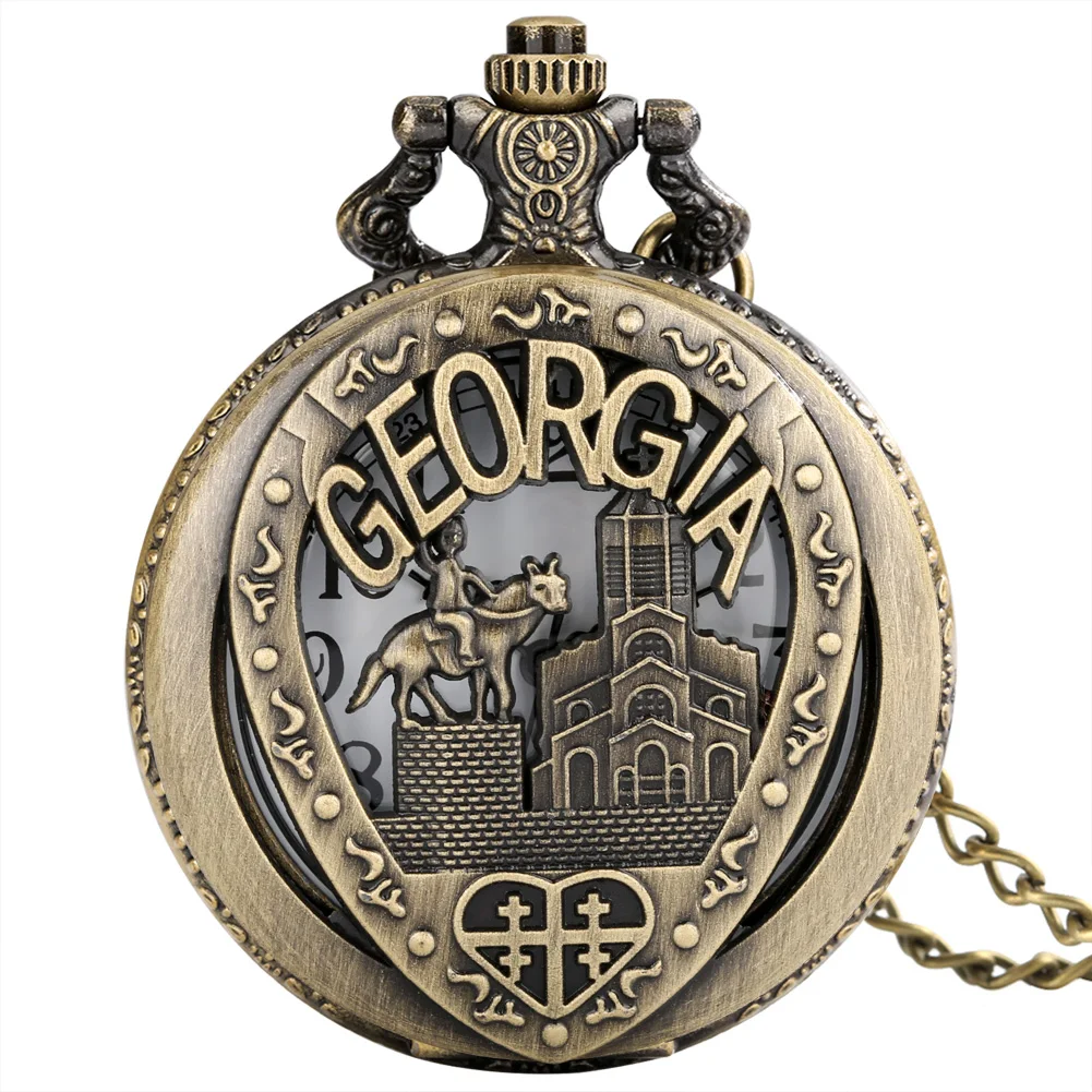 Hollow Bronze Georgia Landmark Display Quartz Pocket Watch Retro Stylish Necklace Chain Pendant Pocket Clock Souvenir Gift