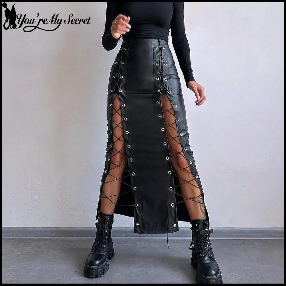 

Punk Pu Leather Skirt Sexy Solid Color Split Lace-Up Hip Skirt Women Slim Dress Up Gothic Lady Black Skirt Spring 2025 New