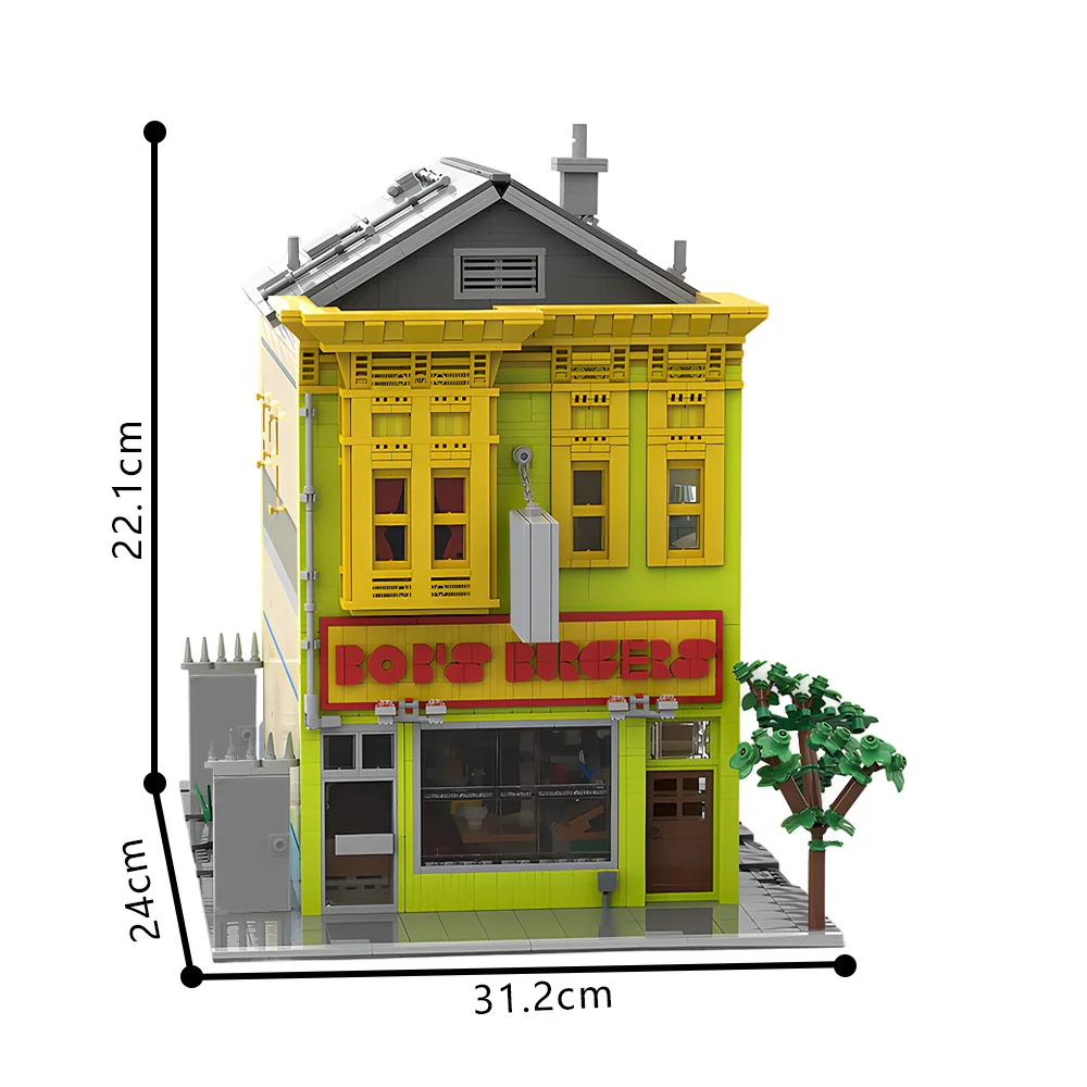 MOC Bob's Burger Haus Modell Bausteine Kreative Street View Burger Restaurant Wohnung Architektur Ziegel Spielzeug Geschenk