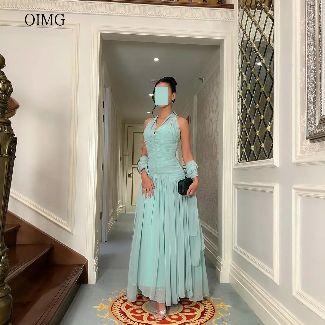 

OIMG Maxi Mint Green Halter A Line Prom Gowns Backless Chiffon Party Gown Flowy Floor Length Evening Dress 2025 Customized