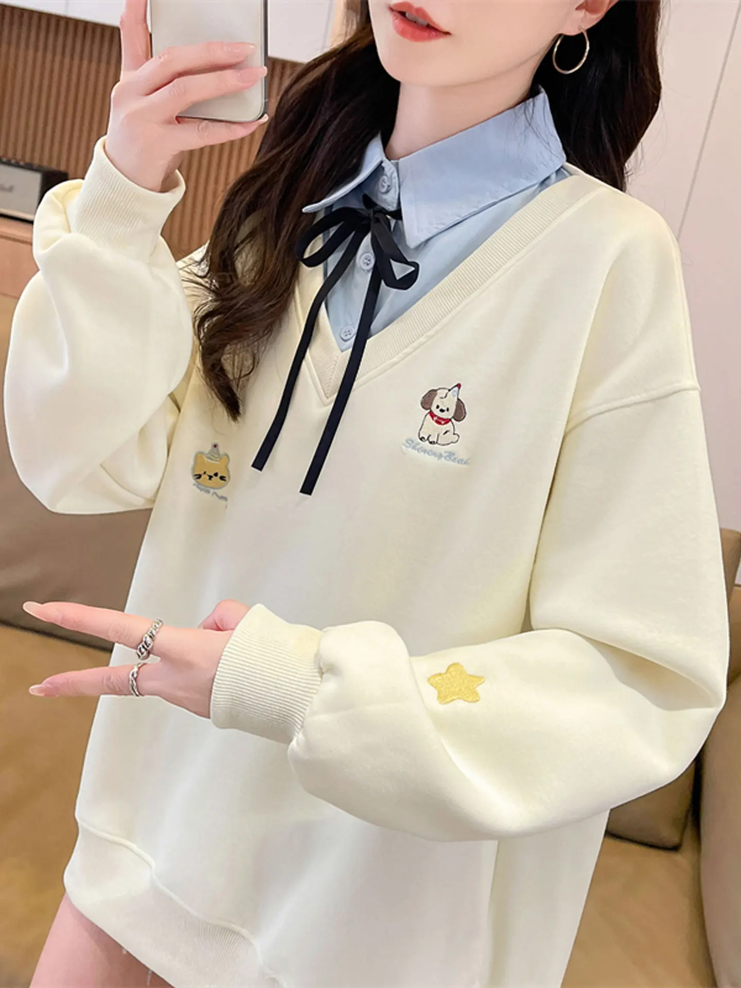 Elegant  Knot  Shirt Hoodie Women's Autumn New Arrival Middle School Student Embroidered Fake Two-Piece Top