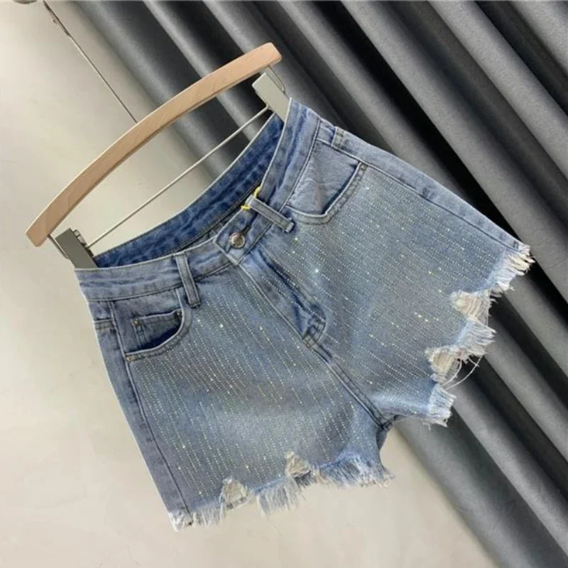 Female Short Jeans Pants High Waist with Rhinestones Ripped Women's Denim Shorts Blue Fashion Clothing 2025 Japanese 2000s Style