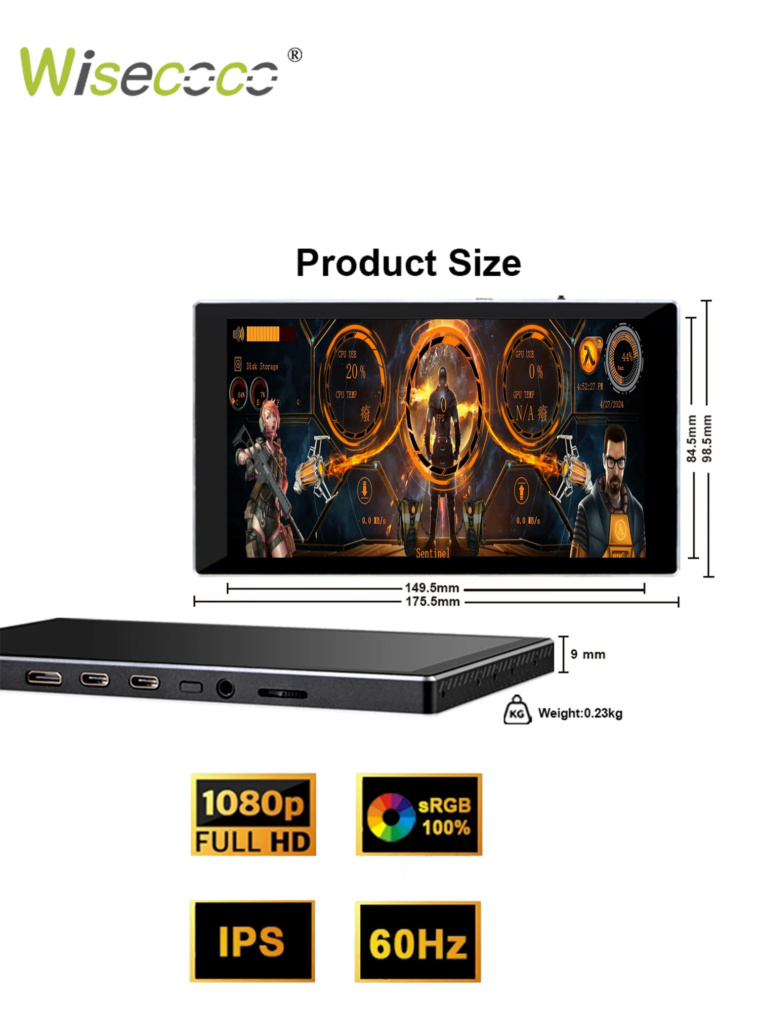 

Wisecoco 7 inch Portable Touch Monitor 1080P LCD Screen Display Type C HDMI for Gaming PS5 Xbox Switch Laptop PC