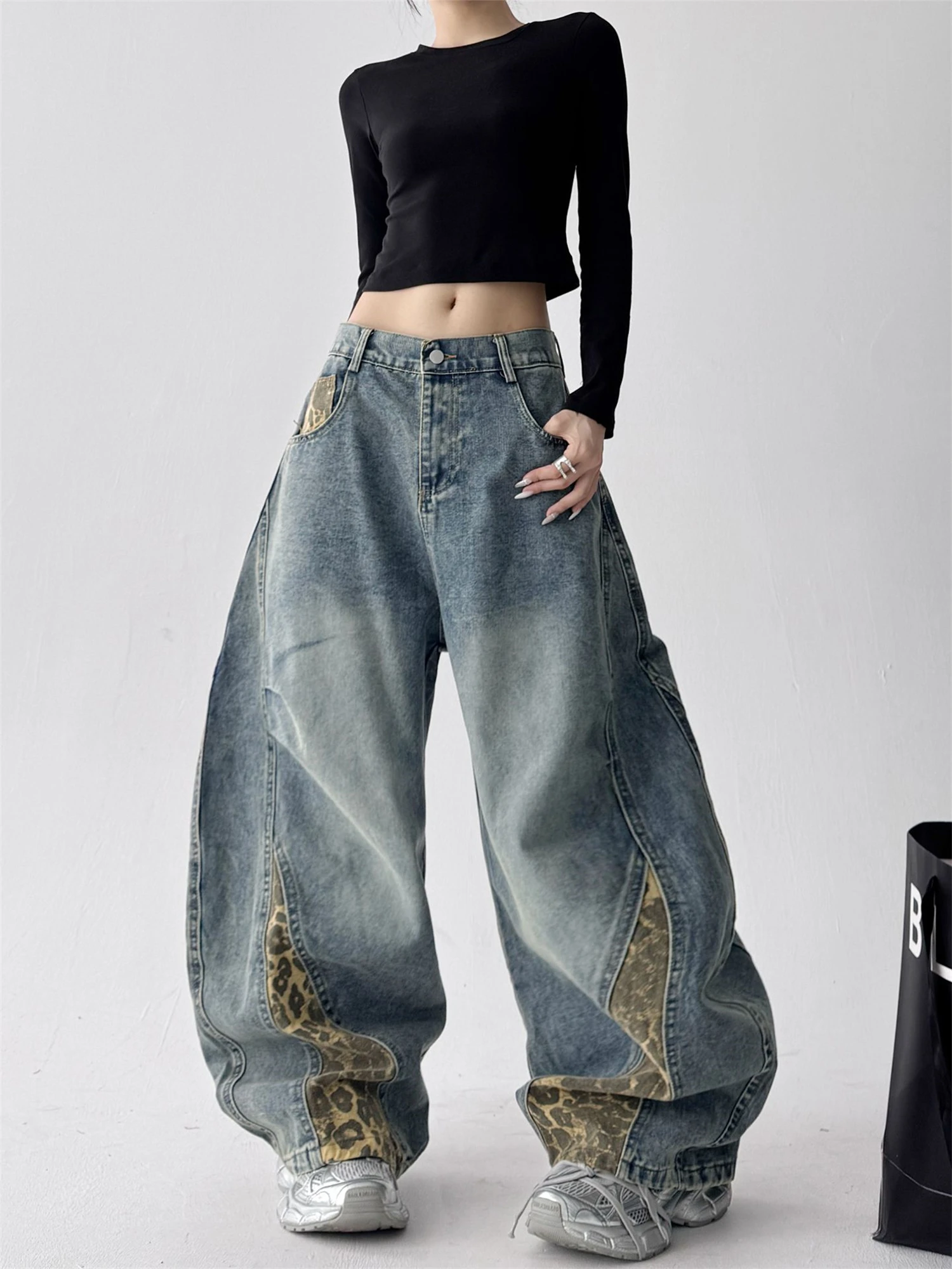 Y2K Women's Washed Denim Balloon Wide Leg Jeans New Fashion Leopard Print Side Panel High Waist Vintage Streetwear Trousers