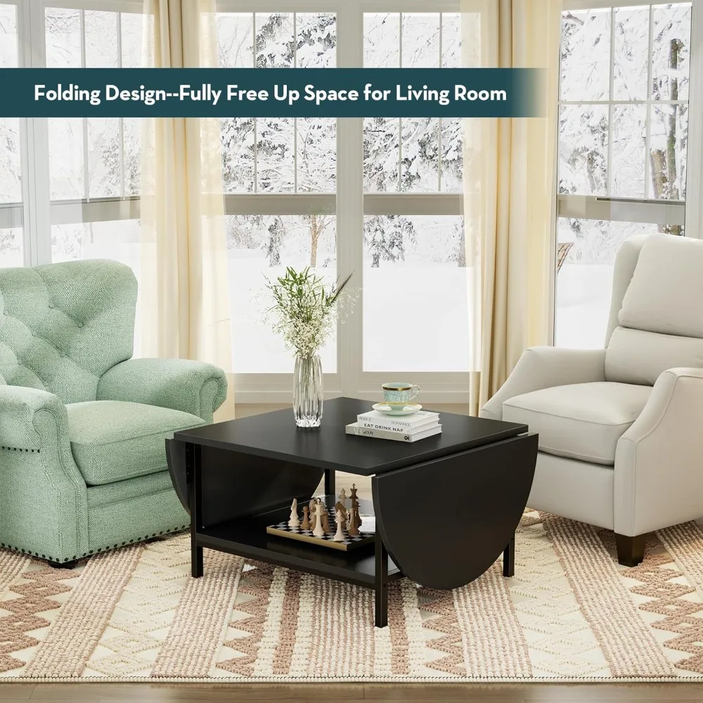 Black Coffee Table Modern Extended Coffee Tables with Storage for Living Room 2-Tier Unique Center Table with Two Folding Panel