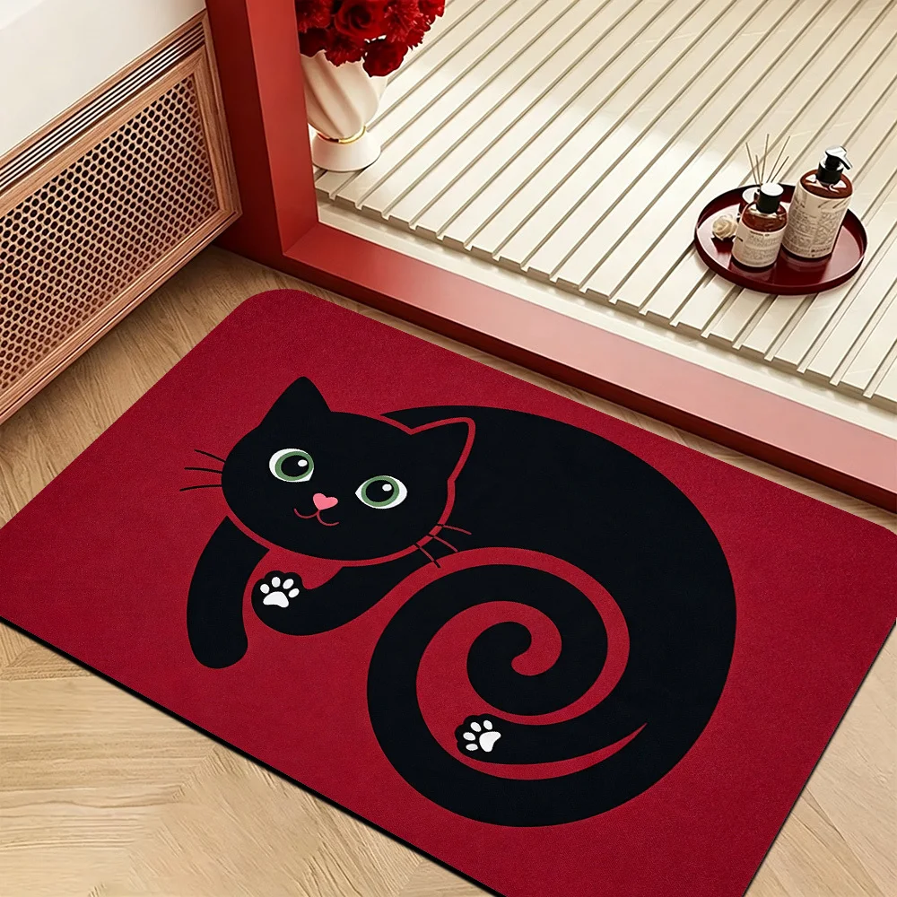 Cute Black Cat Door Mat, Red Background & Paw Print Pattern, Funny Welcome Rug, Non-slip Entrance Floor Mat, Pet Home Decor