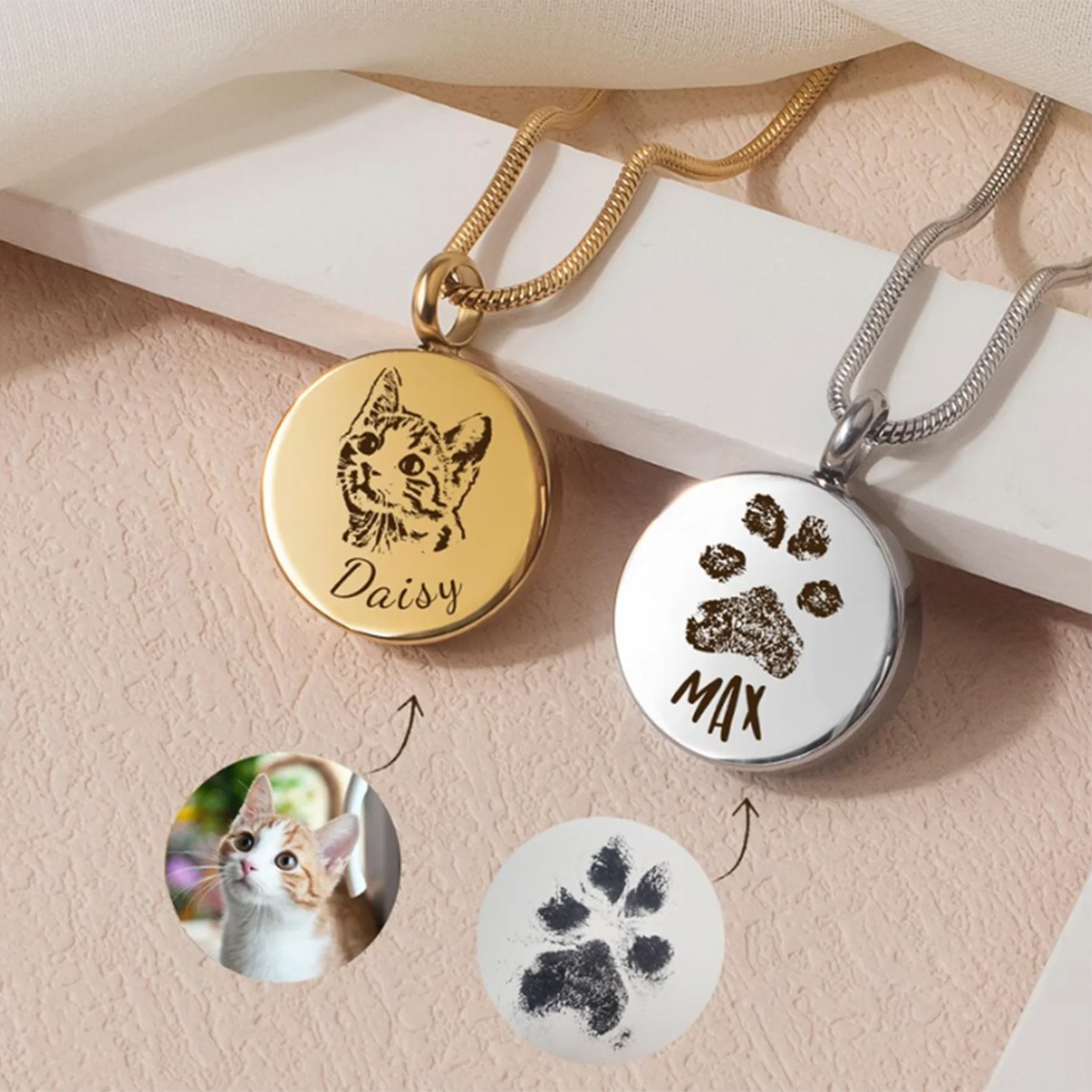 

Pet Memorial Cremate Urn Necklace Custom Stainless Steel Cremation Jewelry Gift Urn Necklace for Pet Ashes with Snake Chain