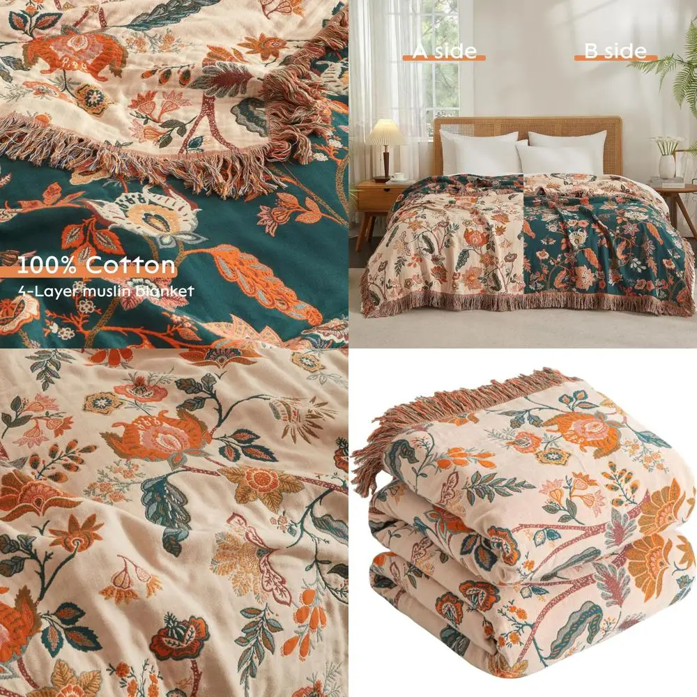 

Cotton Bohemian Throw Blanket 90x98, 4-Layer Muslin Quilt, Floral Print, Soft Couch Sofa Cover for Living Room Decor