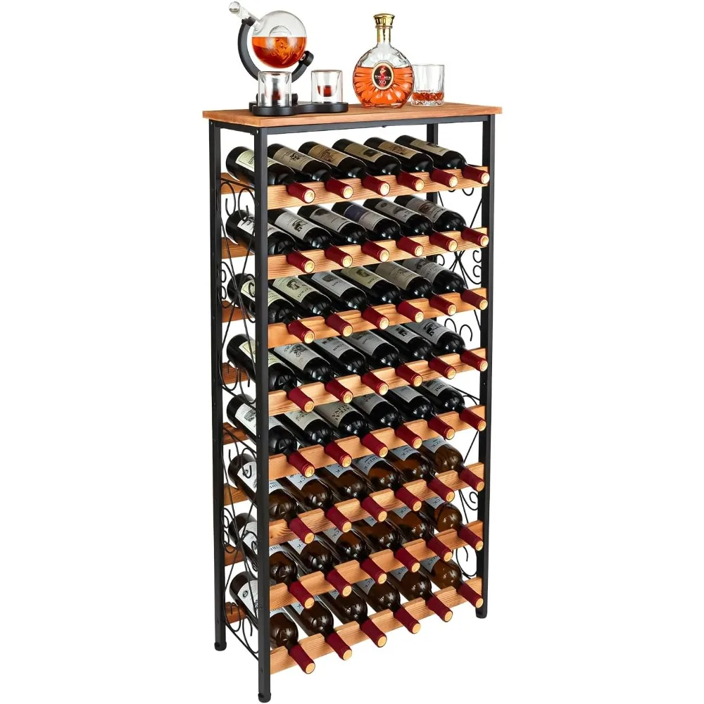 

48 Bottles Floor Wine Rack with Wood Top, Freestanding Wine Bottle Organizer Shelf, Wobble-Free 8 Tier Wine Display Storage