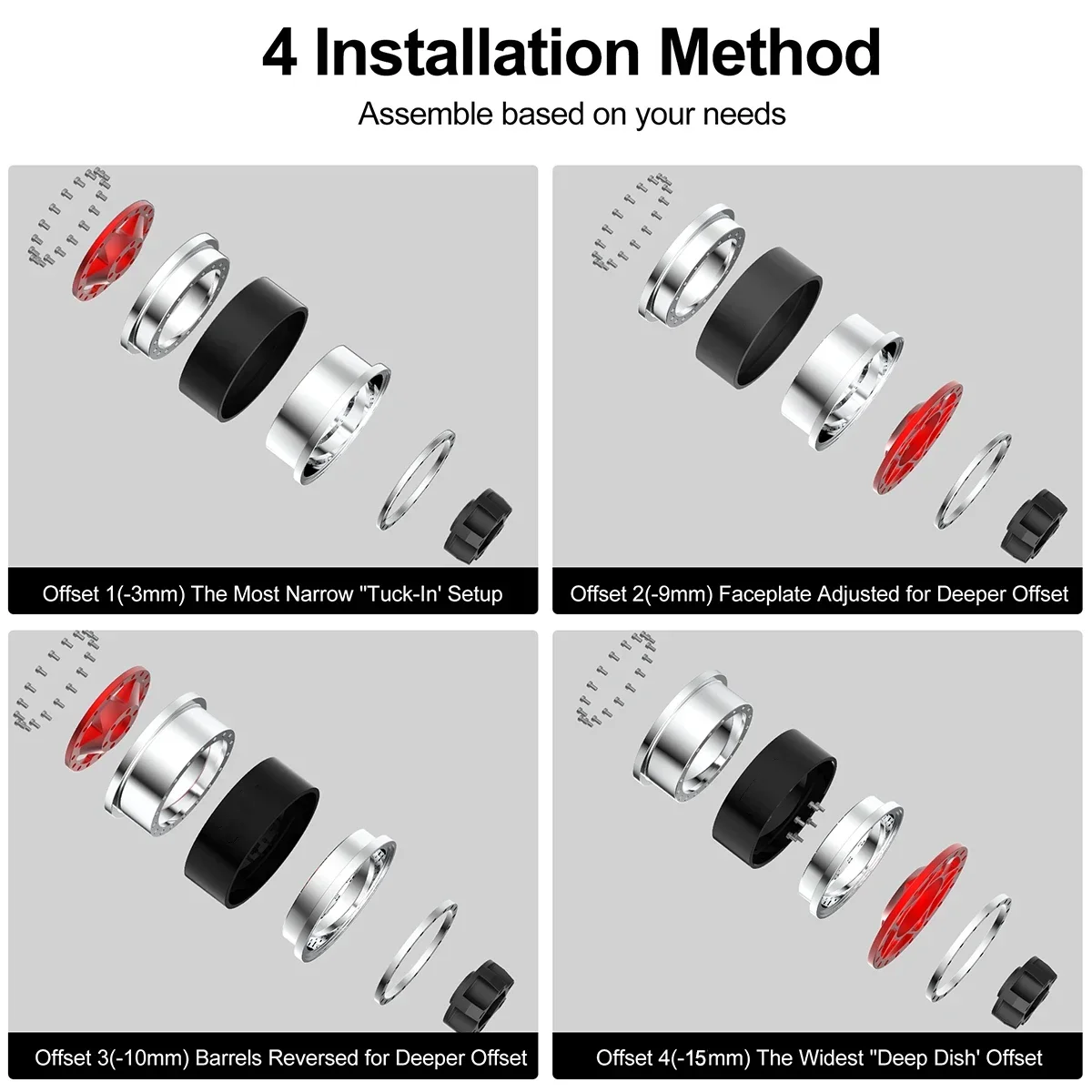 4PCS Aluminum 1.9 Inch Beadlock Wheels Rim Adjustable Offset Wheel Hub for 1/10 RC Crawler Car TRX4 TRX6 SCX10 GEN7 8 D90