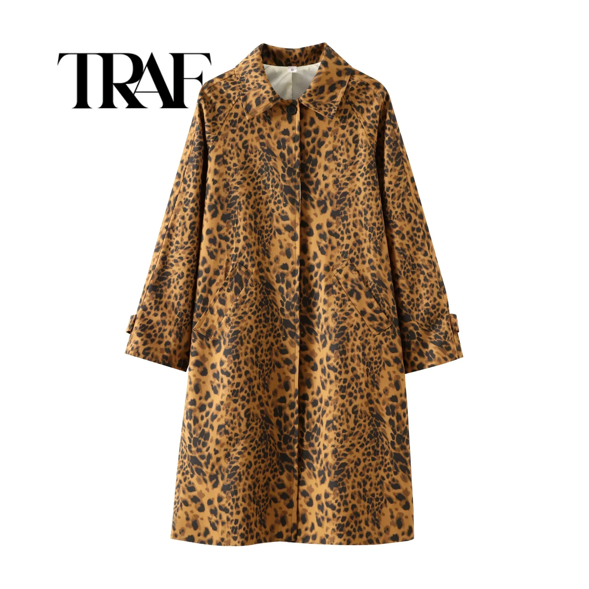 TRAF Women Fashion Leopard Print Trench Coat Vintage Long Sleeve Single Breasted Long Jackets Female Streetwear Coat