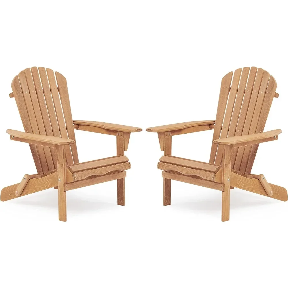 Set of 2 Outdoor Wooden Folding Adirondack Chair Backrest Pre-Assembled Camping Table Beach Foldable Chairs Relaxing Furniture