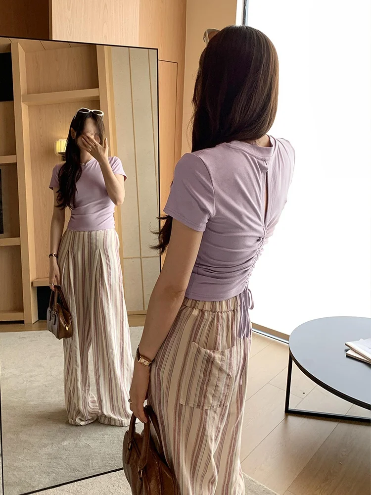 Spicy Girl Back Hollow Design Waist Cinching Pleated Belted Shoulder T-Shirt Women Summer New Pure Desire Top Korean Style