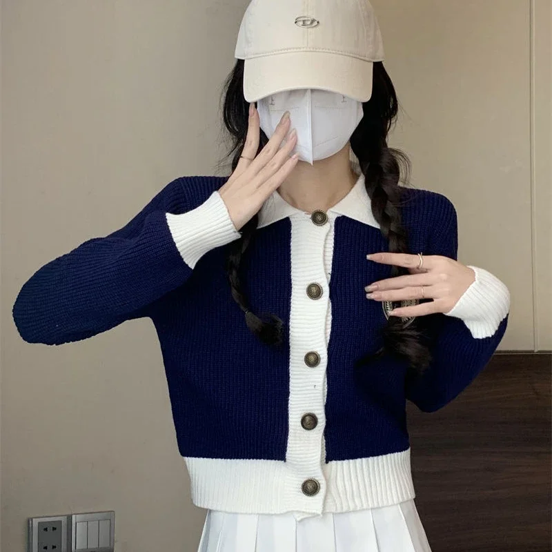 

Американский студенческий дизайн, контрастный цвет, вязаный свитер, кардиган, куртка, женский новый короткий и шикарный топ