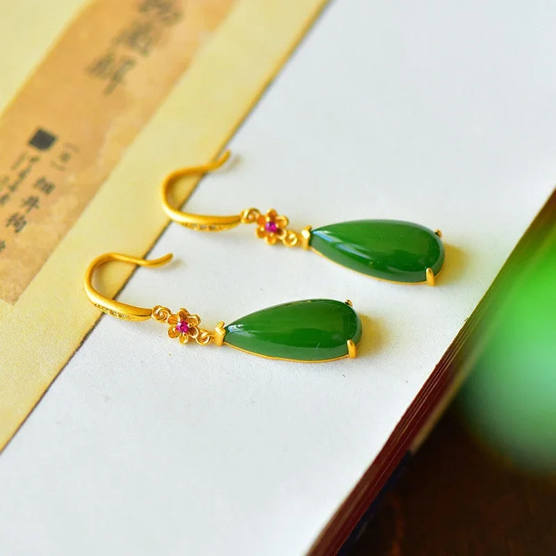 Designer original new flower inlaid drop-shaped Hetian jade earrings classical Chinese style ladies  jewelry