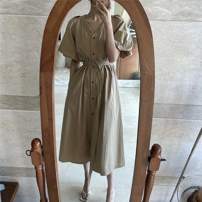 REALEFT Vintage High Waist Women's Shirt Dresses Sashes 2025 New Spring Summer Puff Sleeve V-neck Single Breasted Long Dress