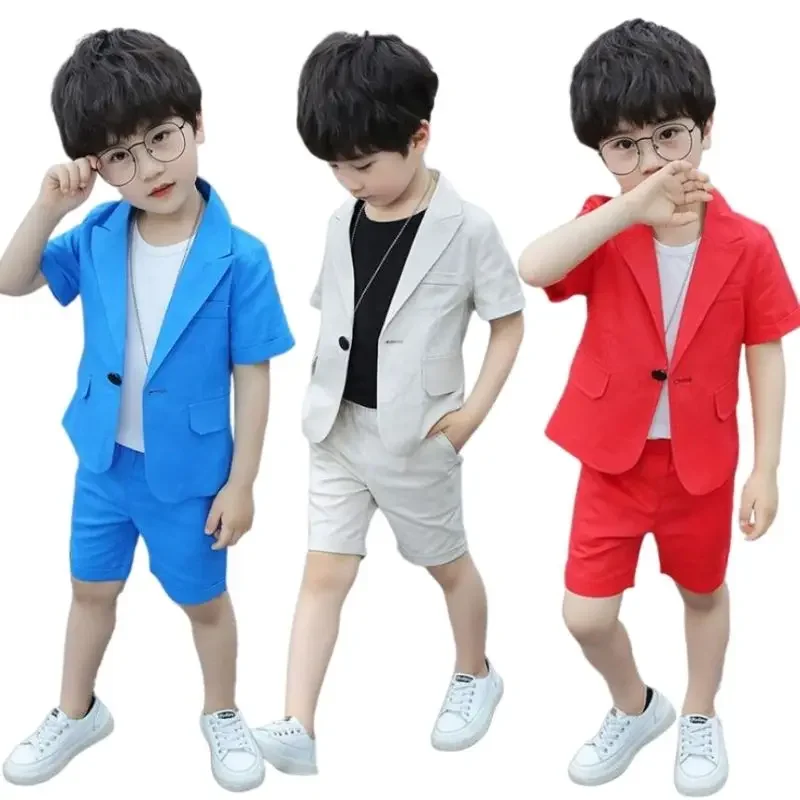 Boys Blazers Sets Wedding Or Birthday Party Summer Business Suit Shorts Jacket Sleevele T Shirt Kids Boy Clothing 3Pcs Outfit