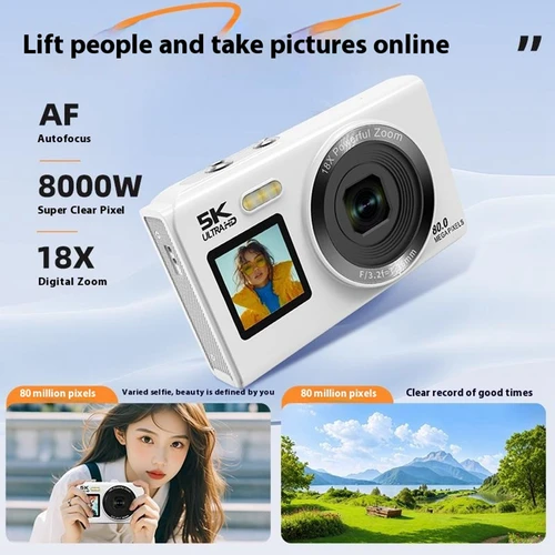 Imagen 2 del producto Cámara Digital CCD de pantalla Dual, cámara Digital portátil con Zoom 18X, cámara Vlogging 5K, cámara Selfie CCD de 80MP con tarjeta de 64GB