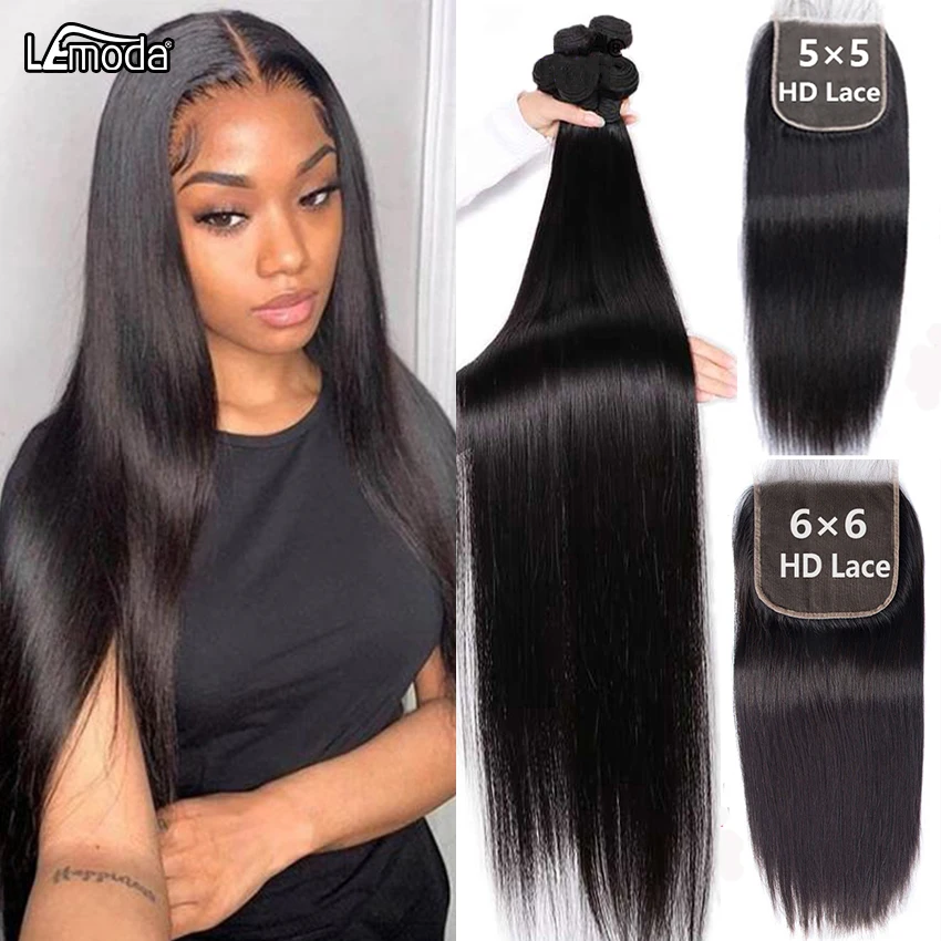 6x6 Lace Closure With Straight Human Hair Bundles With 5x5 HD Lace Frontal Closure Brazilian Lemoda Remy Hair Weaving Extensions