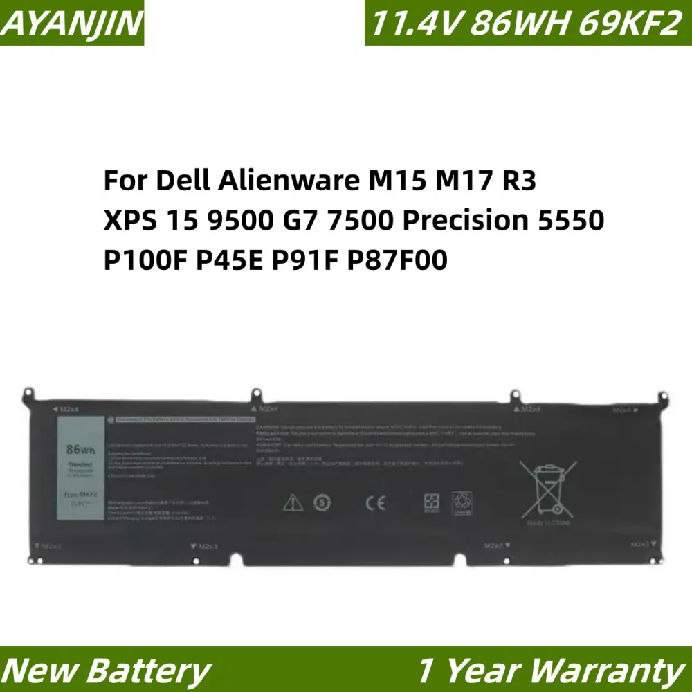 

69KF2 8FCTC 70N2F Battery For Dell Alienware M15 M17 R3 XPS 15 9500 G7 7500 Precision 5550 P100F P45E P91F P87F00 11.4V 86WH