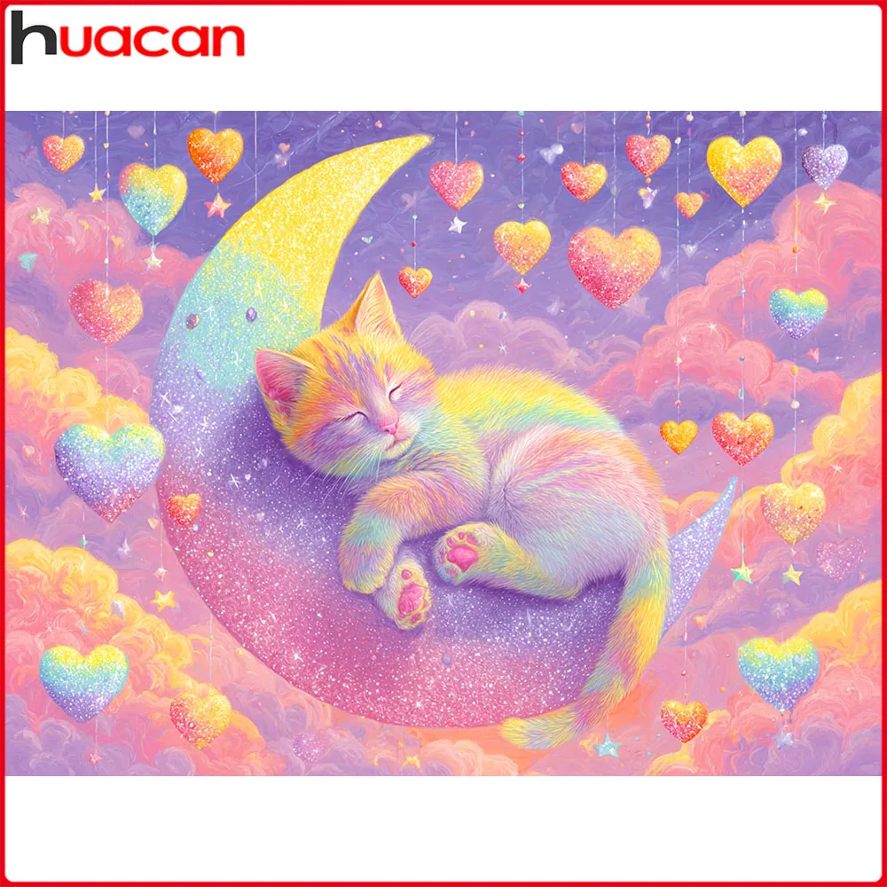 Huacan Neuheiten 2026 Diamantmalerei Katze Herz Mond Diamant-Mosaik Tier Komplettset Heimdekoration