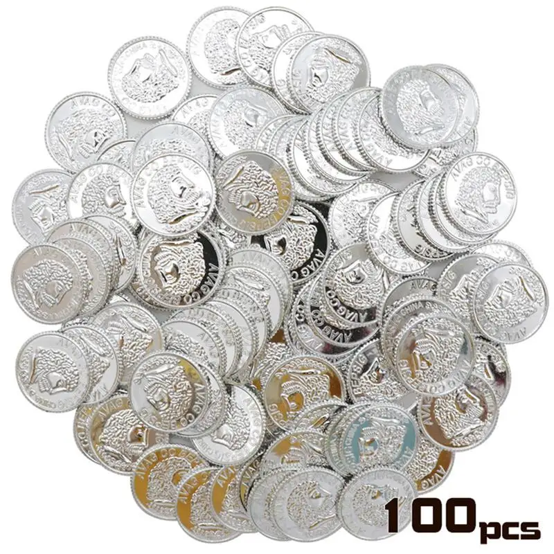 100pcs Pirates Gold Coins Plastic Gold Coins Props Game Accessary Funny Playing Toys for Kids Children Gold Coins Props (Golden)