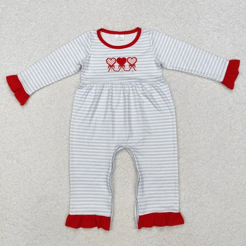 

X10.18 Весенний комбинезон для маленьких девочек, оптовая продажа, красный кружевной комбинезон с длинными рукавами и вышитыми полосками в виде сердца