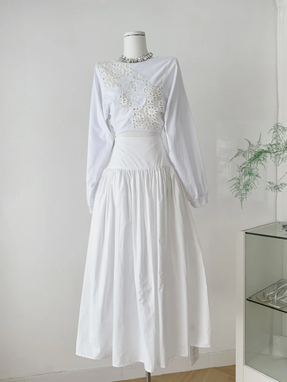 Ele High Waist Long White Pleated A-Line Skirt Women's Spring Summer Versatile Large Umbrella Skirt Commute Sle